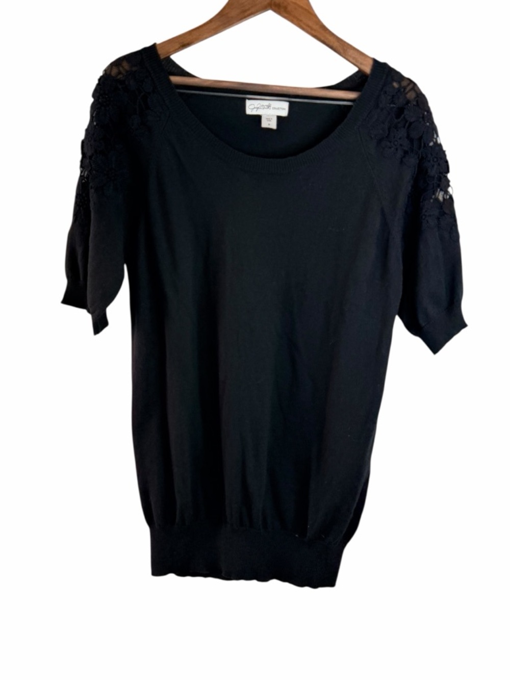 Jaclyn Smith Collection Black Floral Lace Sleeve Knit top M